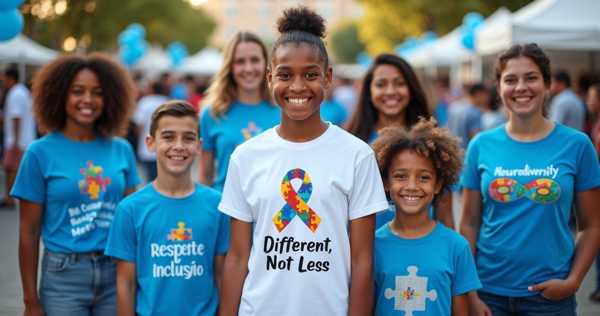 Grupo diverso usando camisetas personalizadas sobre autismo em evento de inclusão 