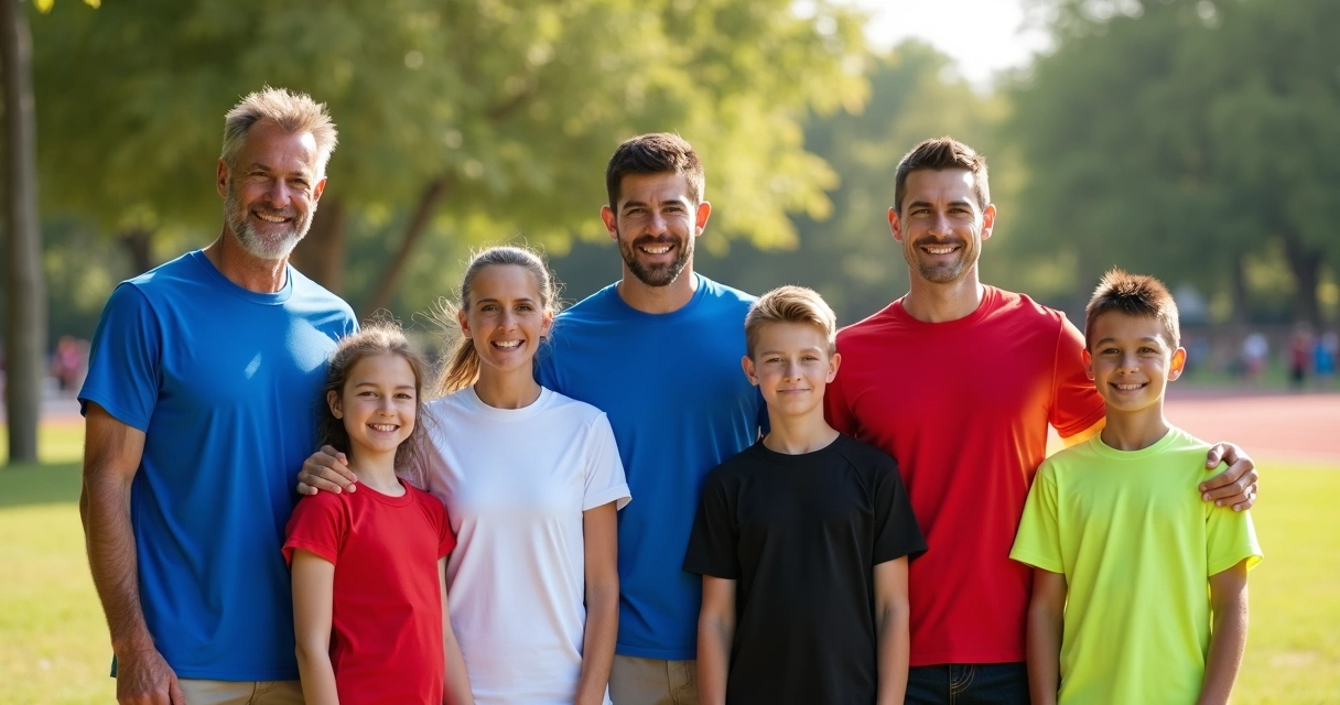 Grupo usando camisetas dry-fit personalizadas em cores variadas ao ar livre 