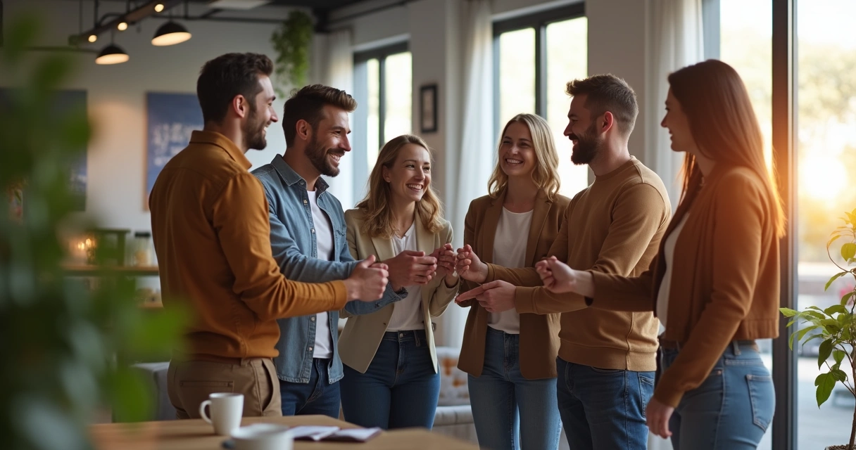 Grupo de pessoas comemorando juntos em um ambiente de trabalho moderno