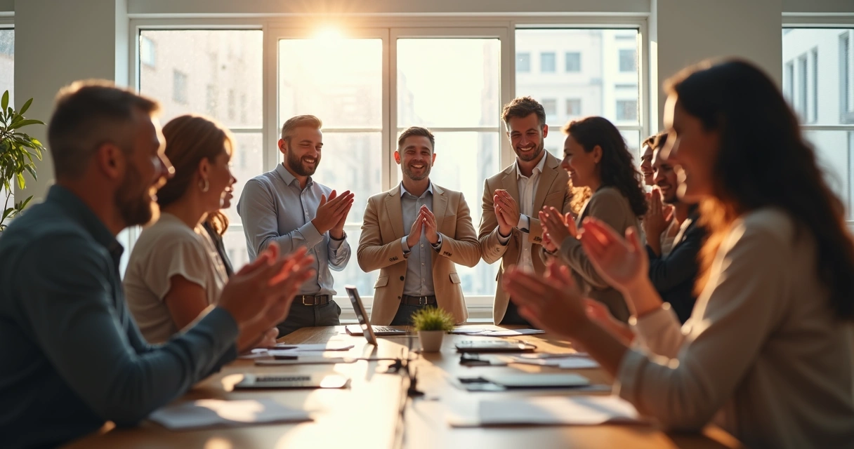 Pessoas em escritório sorrindo e batendo palmas em torno de uma mesa 