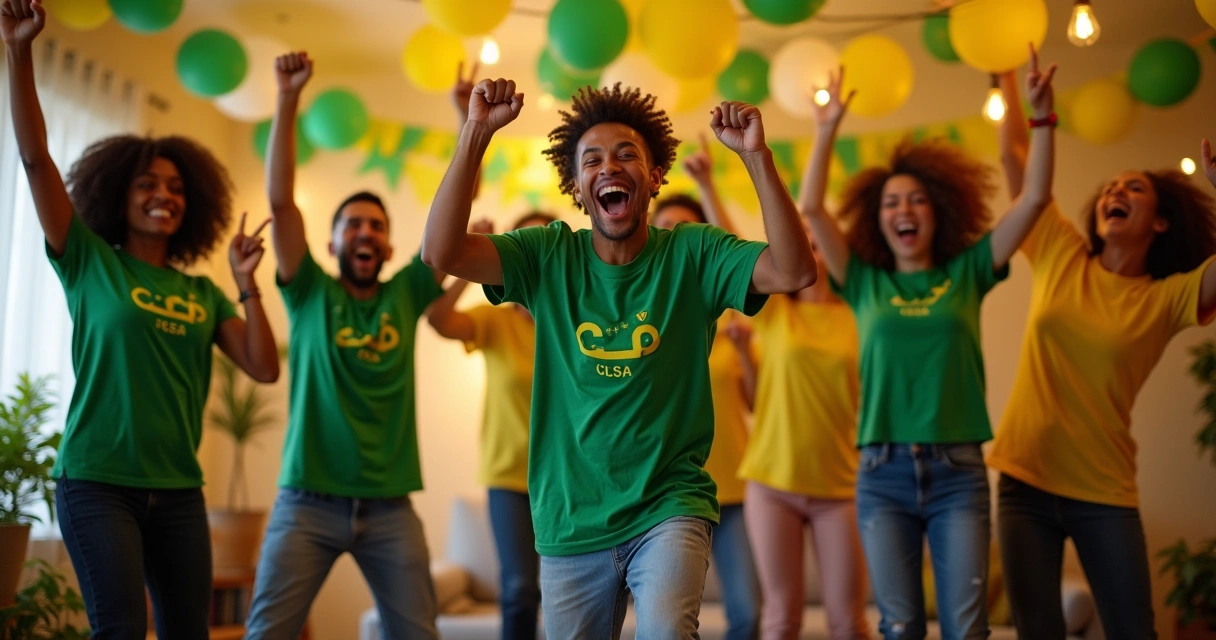Amigos pulando e comemorando com camisetas personalizadas em festa de Copa