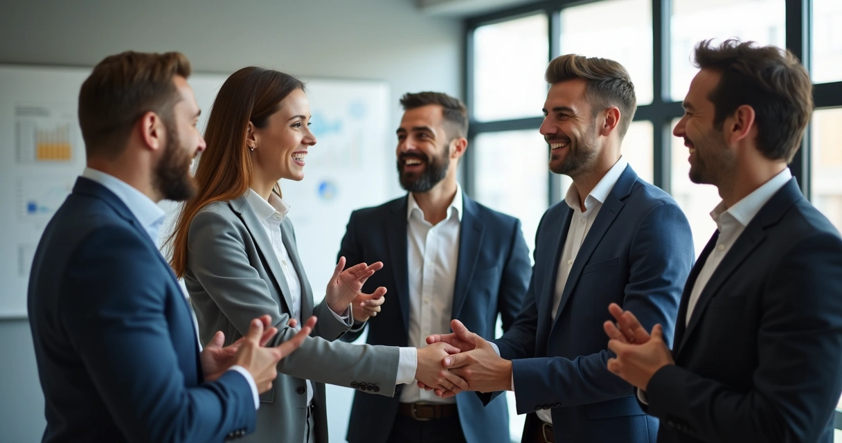 Grupo de pessoas comemorando em sala de reunião após acordo coletivo 