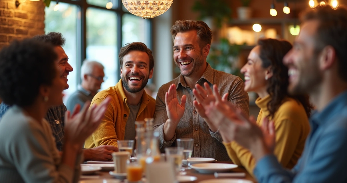 Grupo de amigos celebrando conquista de um deles 