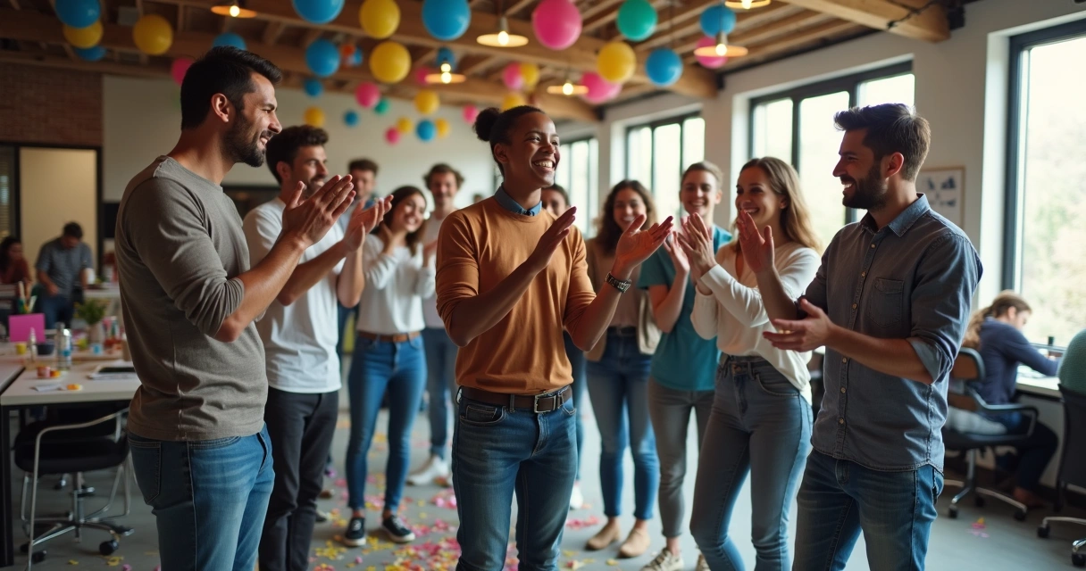 Grupo de pessoas comemorando juntos em ambiente descontraído