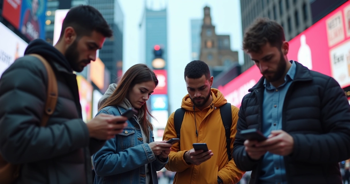 Pessoas olhando celulares com expressões tensas em ambiente urbano