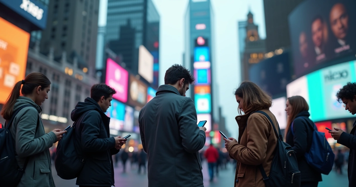 Pessoas olhando notícias em celulares em ambiente urbano