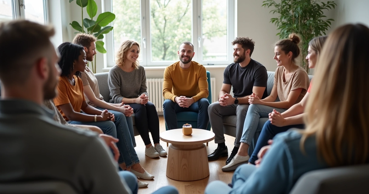 Grupo sentado em círculo em sala iluminada, participando de diálogo coletivo