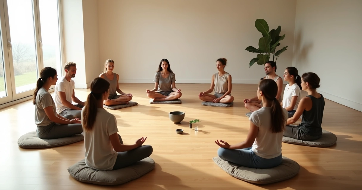 Grupo sentado em círculo meditando em silêncio em espaço iluminado por janelas grandes 