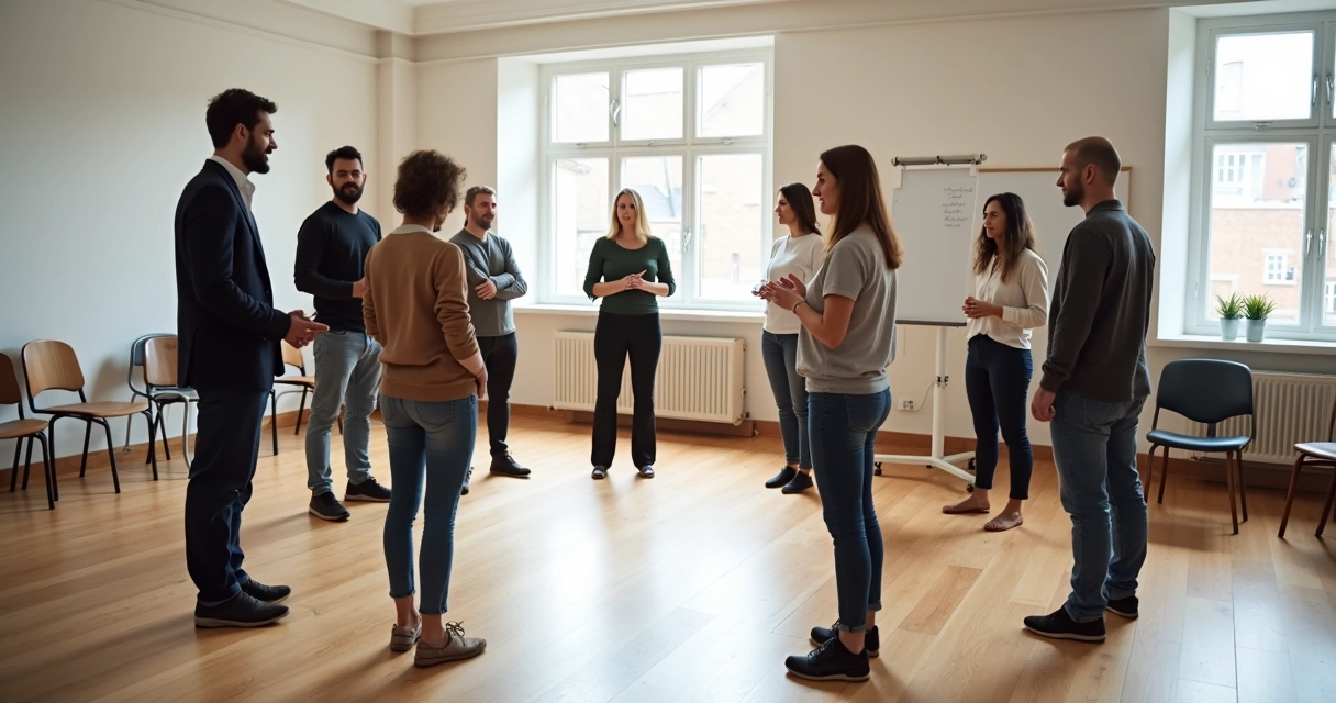 Pessoas em círculo marcando posições no chão de uma sala clara