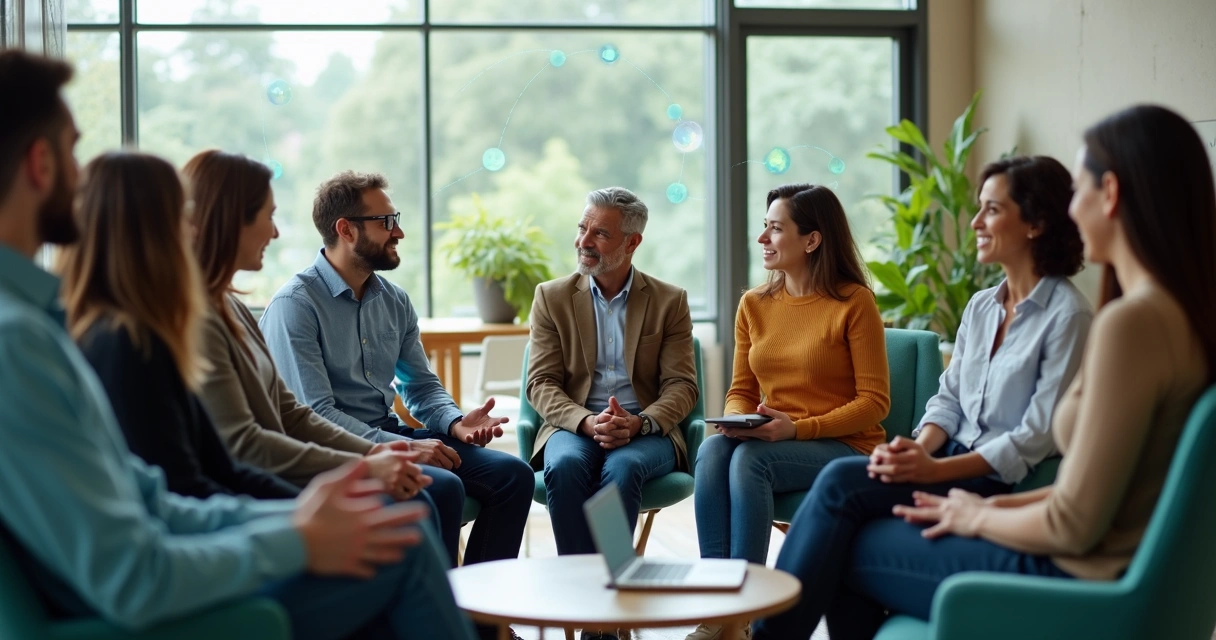 Grupo diverso em círculo conectado por linhas luminosas em ambiente moderno 