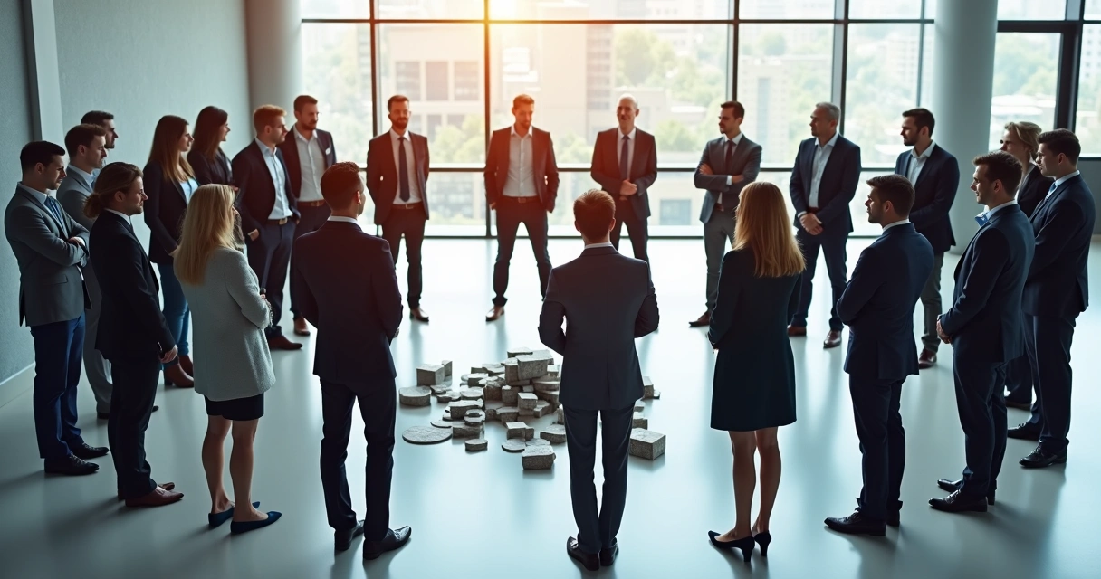Colaboradores em círculo em sala ampla com objetos representando setores de empresa