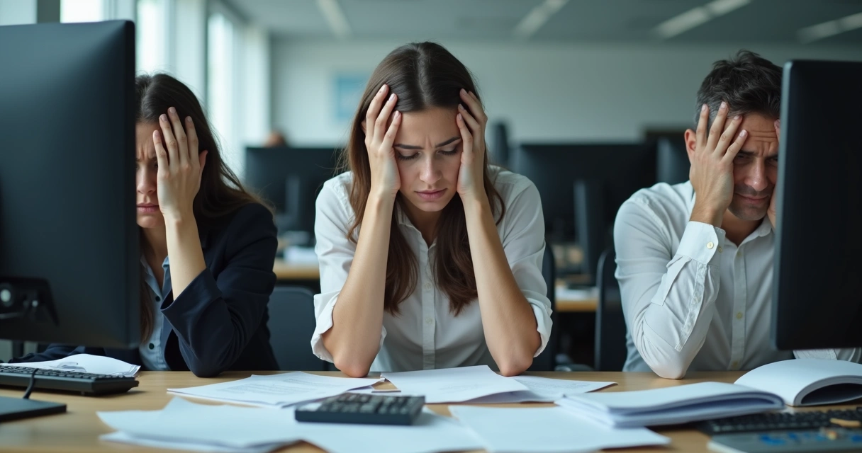 Grupo de profissionais em escritório com expressões de desgaste emocional e cansaço