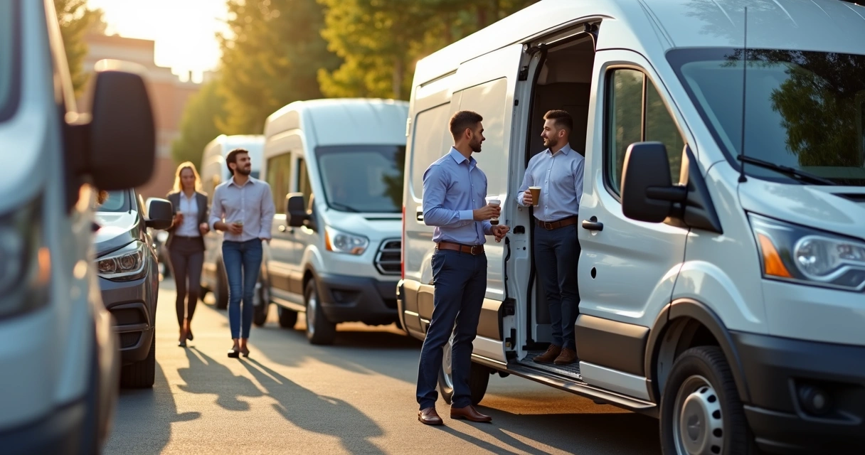Grupo de colaboradores embarcando em vans corporativas, sorrindo 
