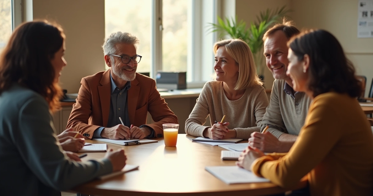 Grupo de personas dialogando y colaborando en una mesa redonda 