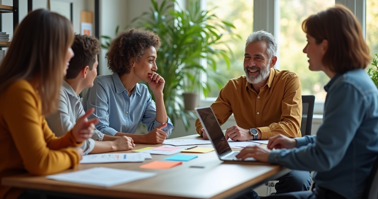 Pessoas reunidas em torno de uma mesa colaborando em grupo. 