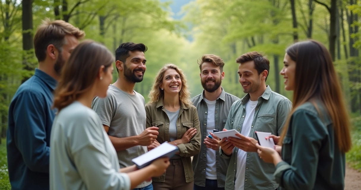 Grupo de pessoas em circulo, colaborando em ambiente natural 