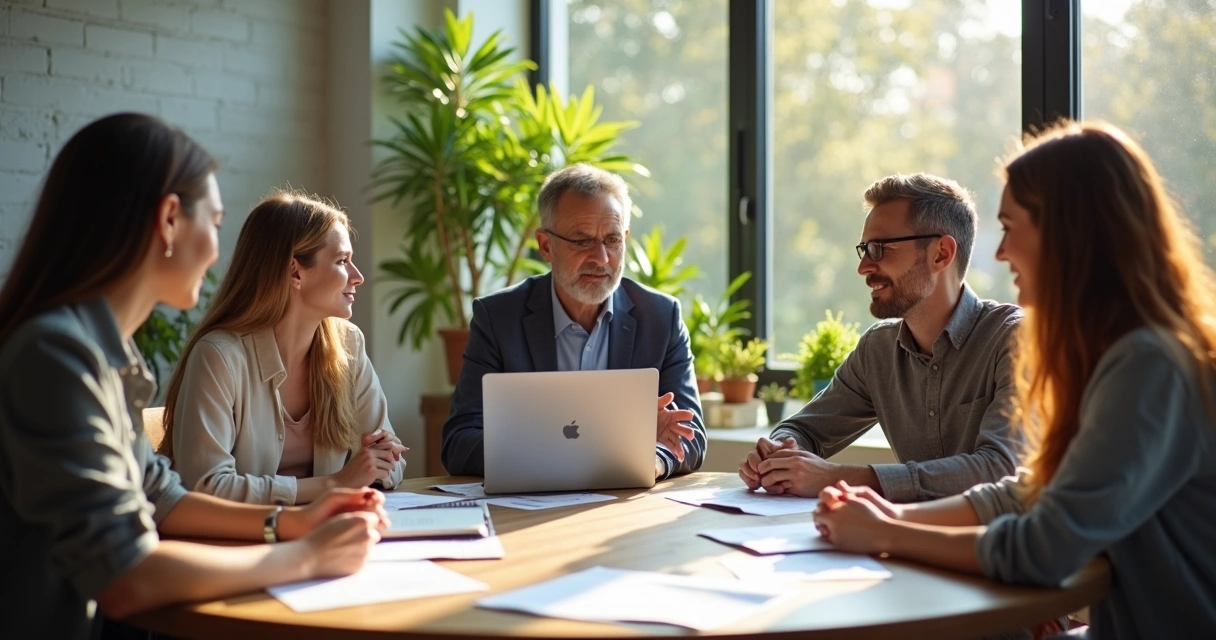 Grupo diverso de pessoas de diferentes idades discutindo decisão em ambiente de trabalho 