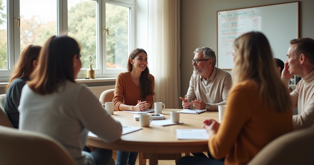 Grupo sentado em roda realizando troca de experiências em saúde 