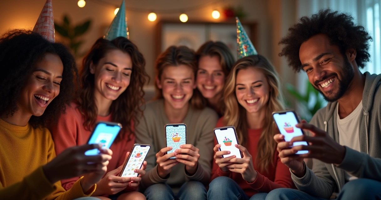 Grupo de pessoas sorrindo e usando celulares com figurinhas. 