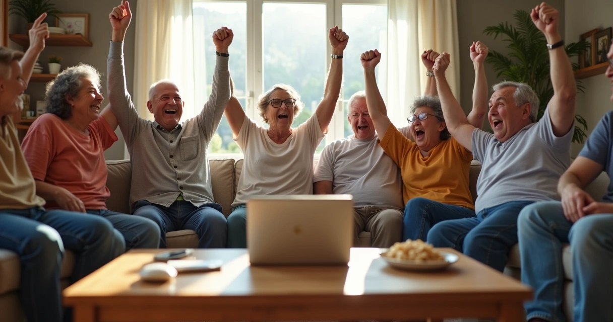 Grupo de pessoas comemorando prêmio da loteria sentados e sorrindo. 