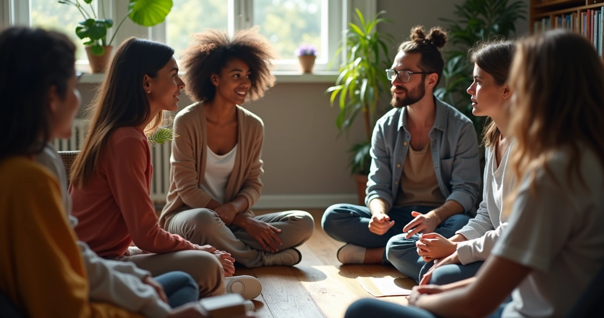 Grupo de pessoas sentadas em círculo compartilhando experiências