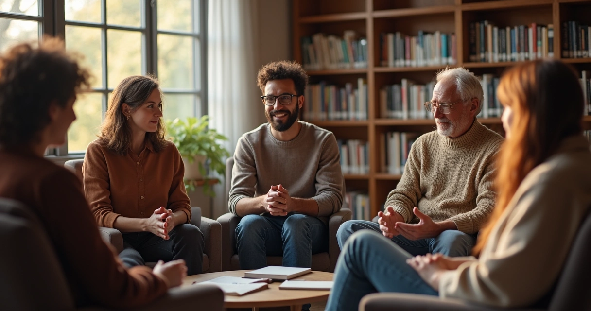 Grupo de pessoas sentadas em círculo, conversando e compartilhando experiências. 