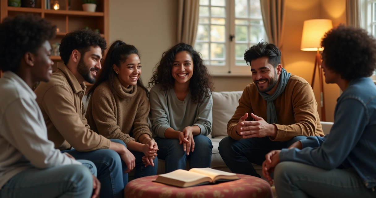 Grupo conversando em círculo sobre fé com Bíblia aberta 