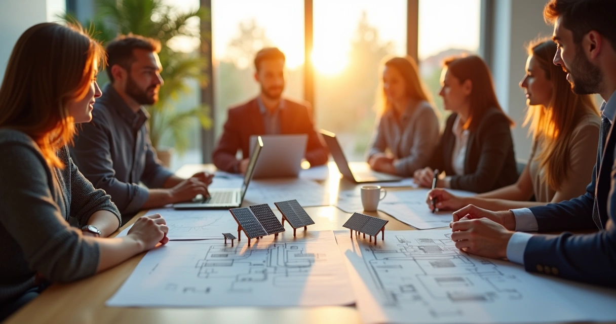 Grupo de pessoas reunido vendo projetos de energia solar