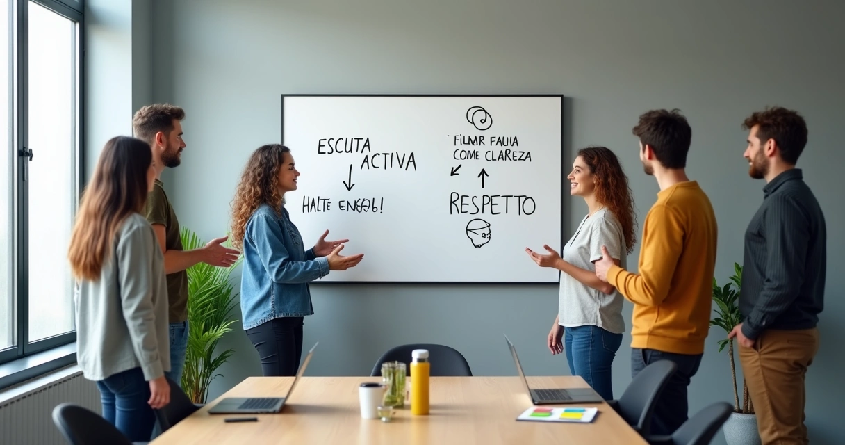 Equipe diversa reunida em pé apontando acordos escritos em um quadro branco 