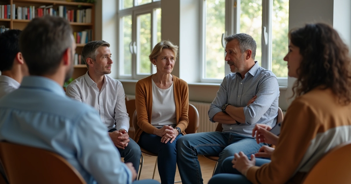 Grupo de pessoas sentadas em círculo conversando em ambiente claro 