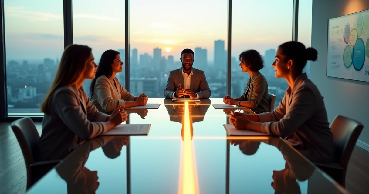 Grupo em reunião ao redor de mesa de vidro com linha de luz conectando os participantes 