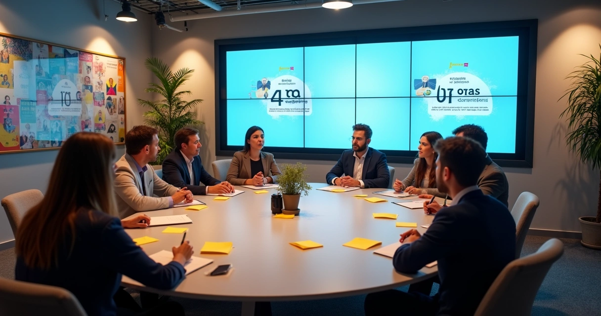 Grupo de colaboradores discutindo estratégias de comunicação para treinamento gamificado