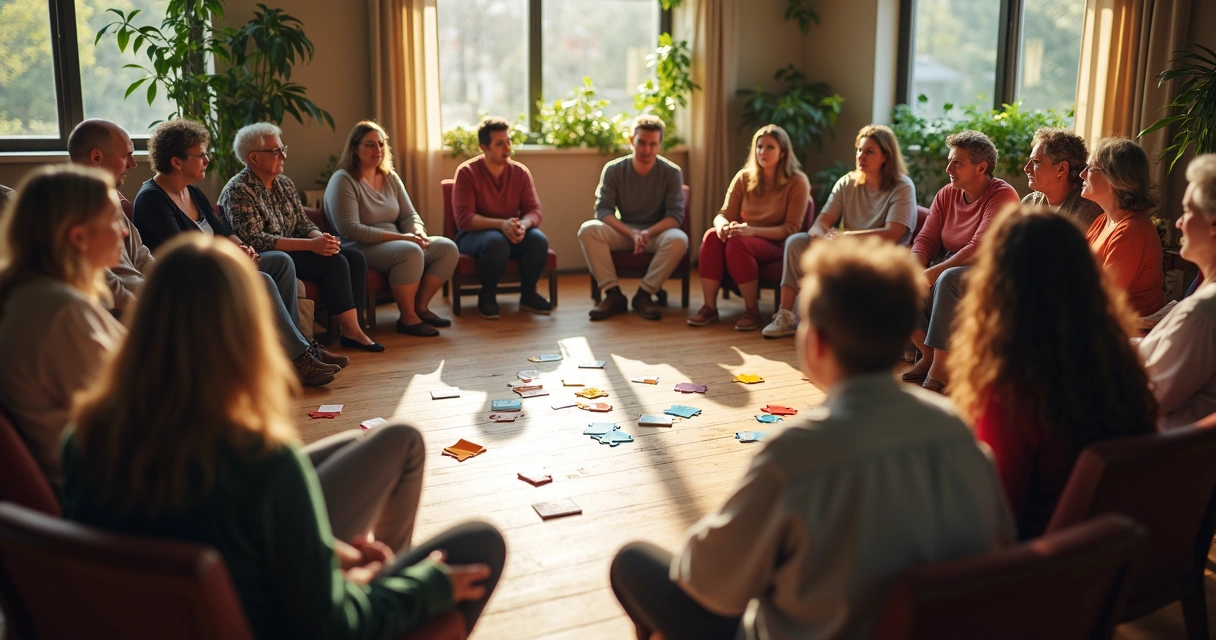 Grupo de pessoas em círculo representando interação comunitária 