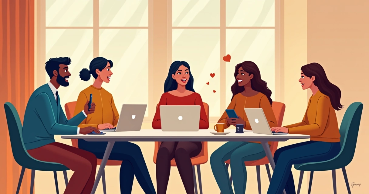 Comunidade online conectada em torno de laptops e celulares