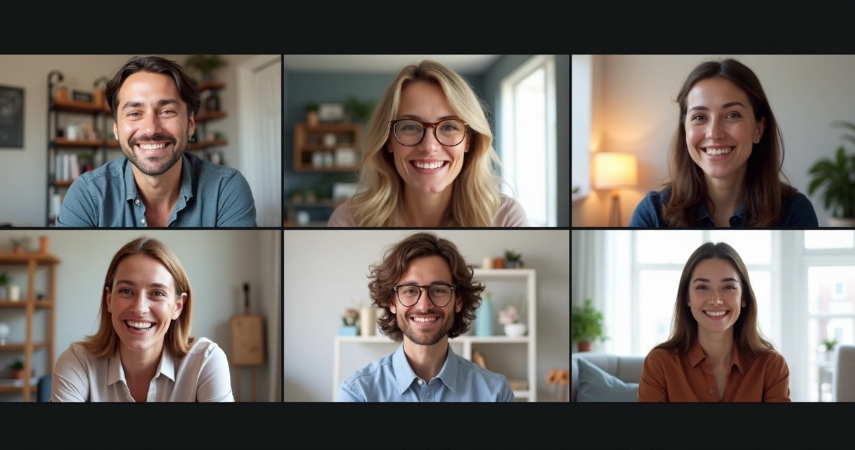 Grupo pequeno em reunião digital, rostos sorrindo e conectados por videochamada 