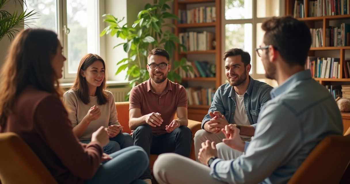 Grupo pequeno de adultos em roda conversando e trocando ideias em um ambiente claro.