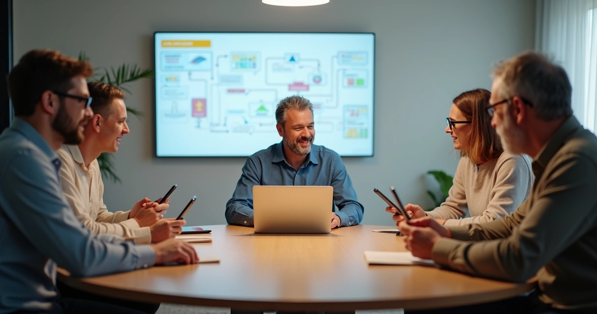 Síndico no centro de uma mesa redonda digitando em notebook, com outros moradores ao redor lendo mensagens em seus celulares 
