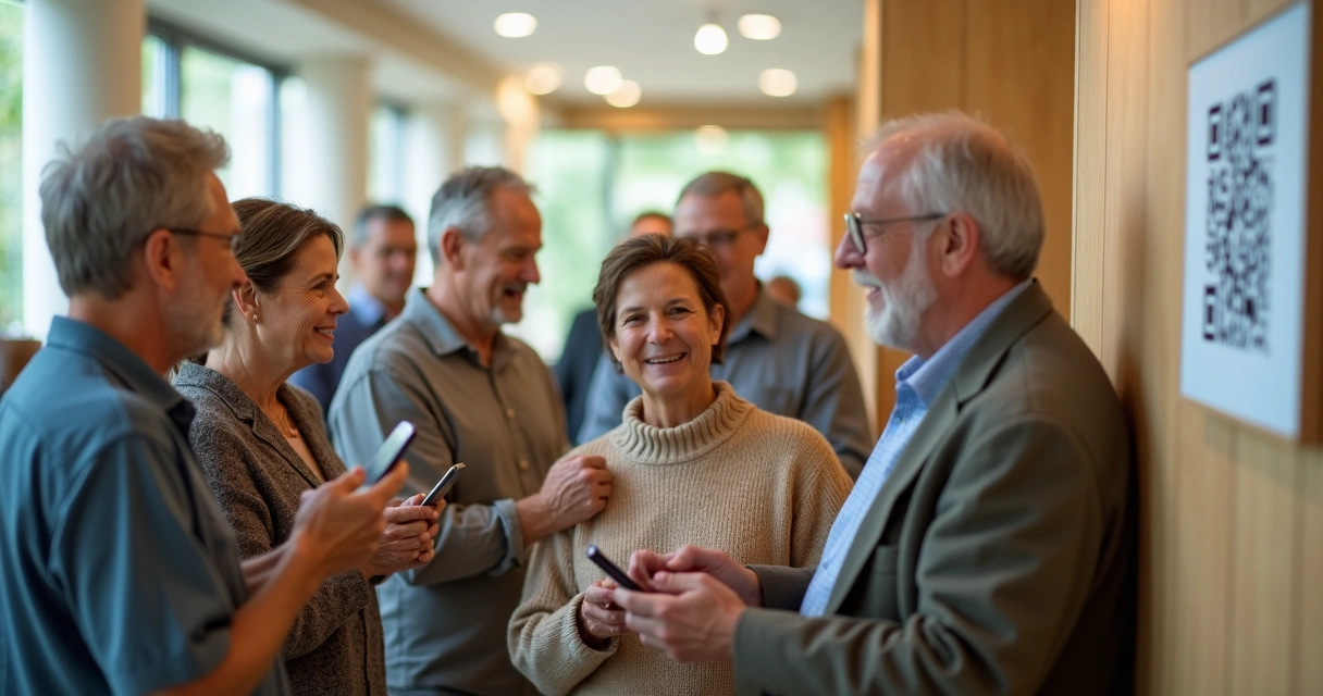 Grupo de moradores usando smartphones para escanear QR code na área comum 