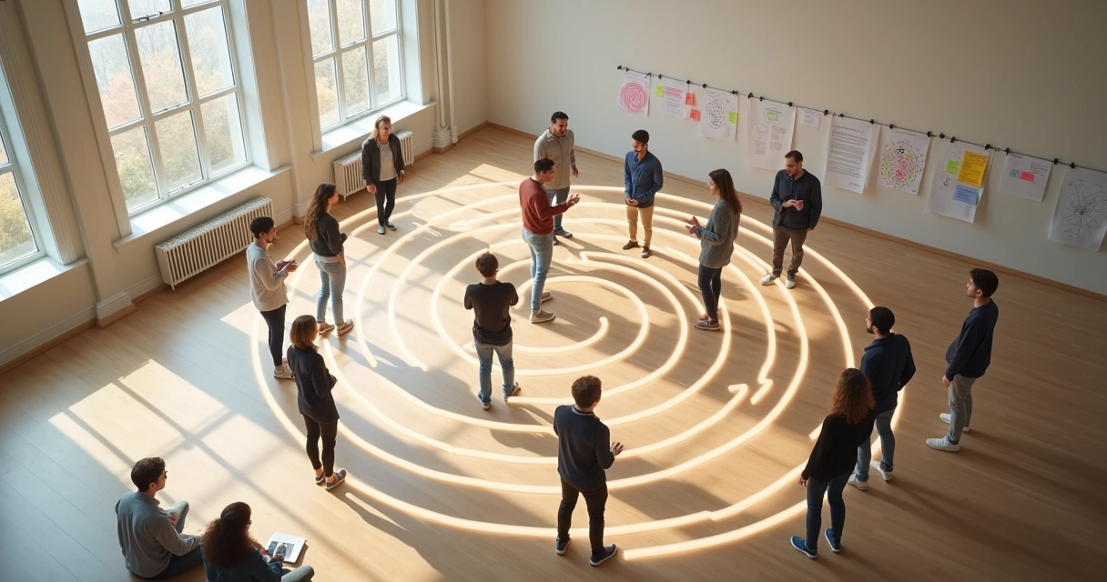 Grupo visto de cima conectado sobre desenho de labirinto iluminado no chão 