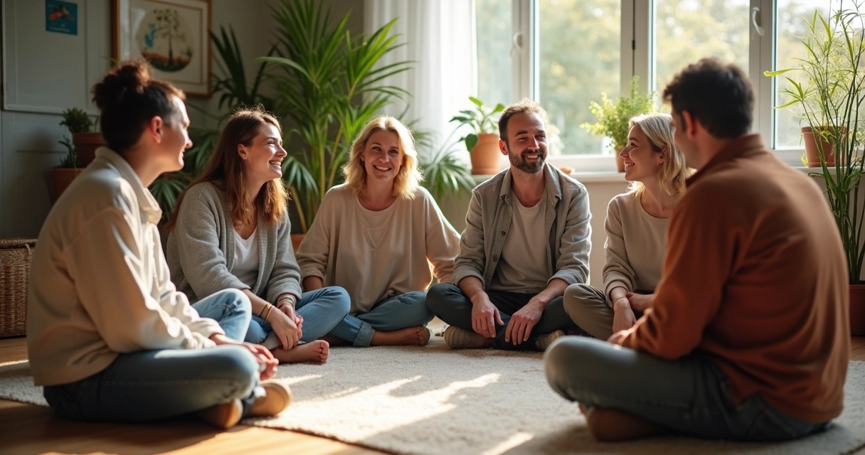 Grupo de pessoas se conectando de forma autêntica em um ambiente acolhedor 