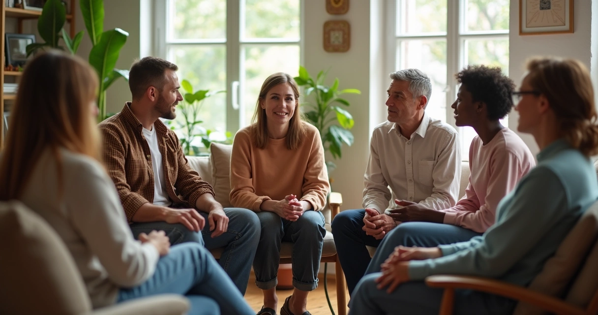 Grupo de pessoas conversando em círculo em ambiente acolhedor, promovendo conexão