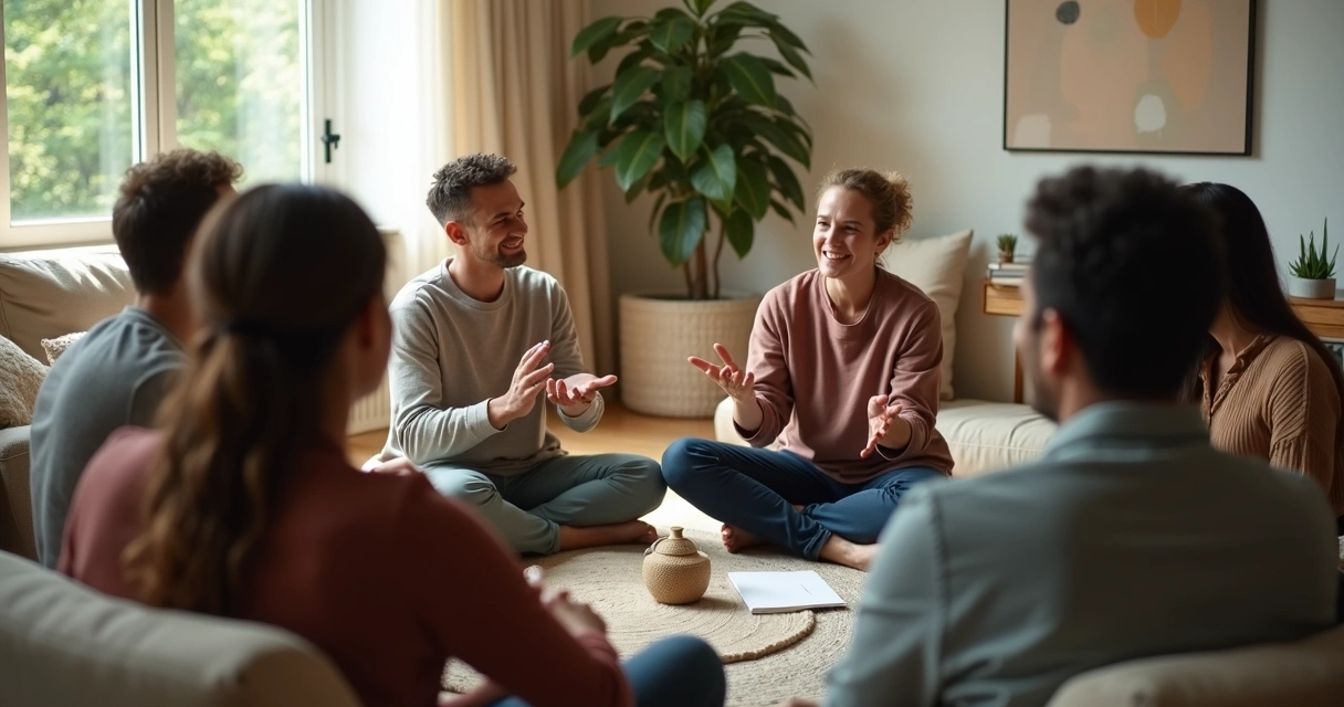 Grupo diverso sentado em círculo em sala iluminada compartilhando conversa profunda 