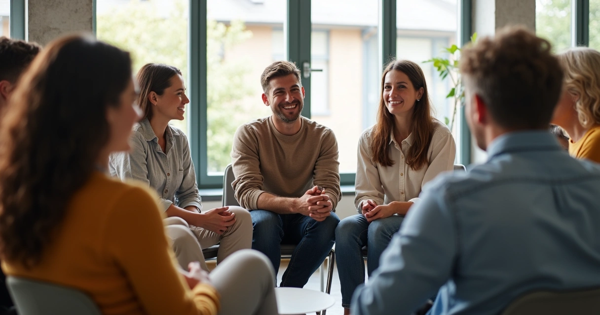 Grupo de pessoas de diferentes idades e etnias reunidas em círculo, conversando de forma aberta, com expressões de confiança mútua, em uma sala iluminada por luz natural 