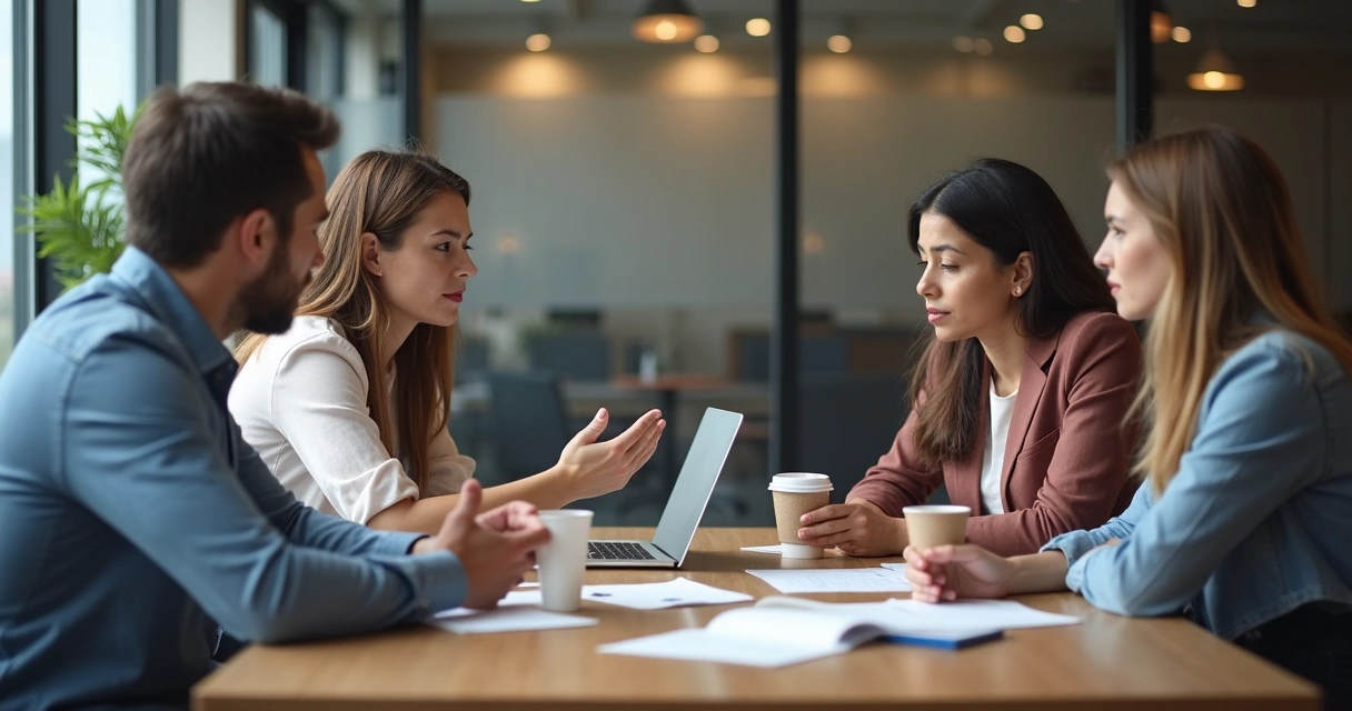 Grupo de quatro pessoas em uma mesa discutindo e resolvendo um conflito, com expressões mistas de escuta, empatia e resolução em ambiente de trabalho. 