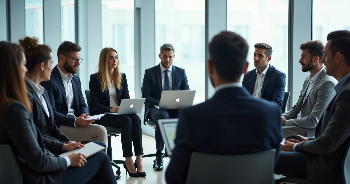 Pessoas sentadas em círculo em uma sala de reuniões, todas concordando com o líder ao centro 