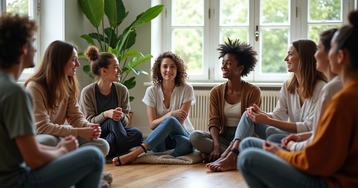 Grupo de pessoas sentadas em círculo conversando em uma sala com plantas 