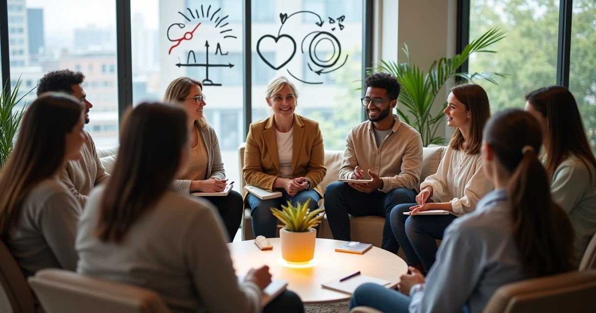 Grupo diverso em círculo de reunião simbolizando consciência coletiva e ética 