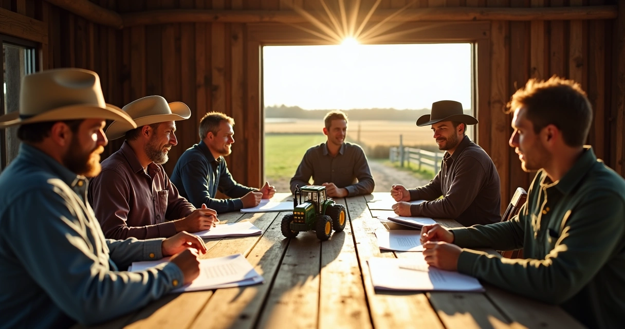 Produtores rurais reunidos discutindo consórcio agro em mesa de reunião 