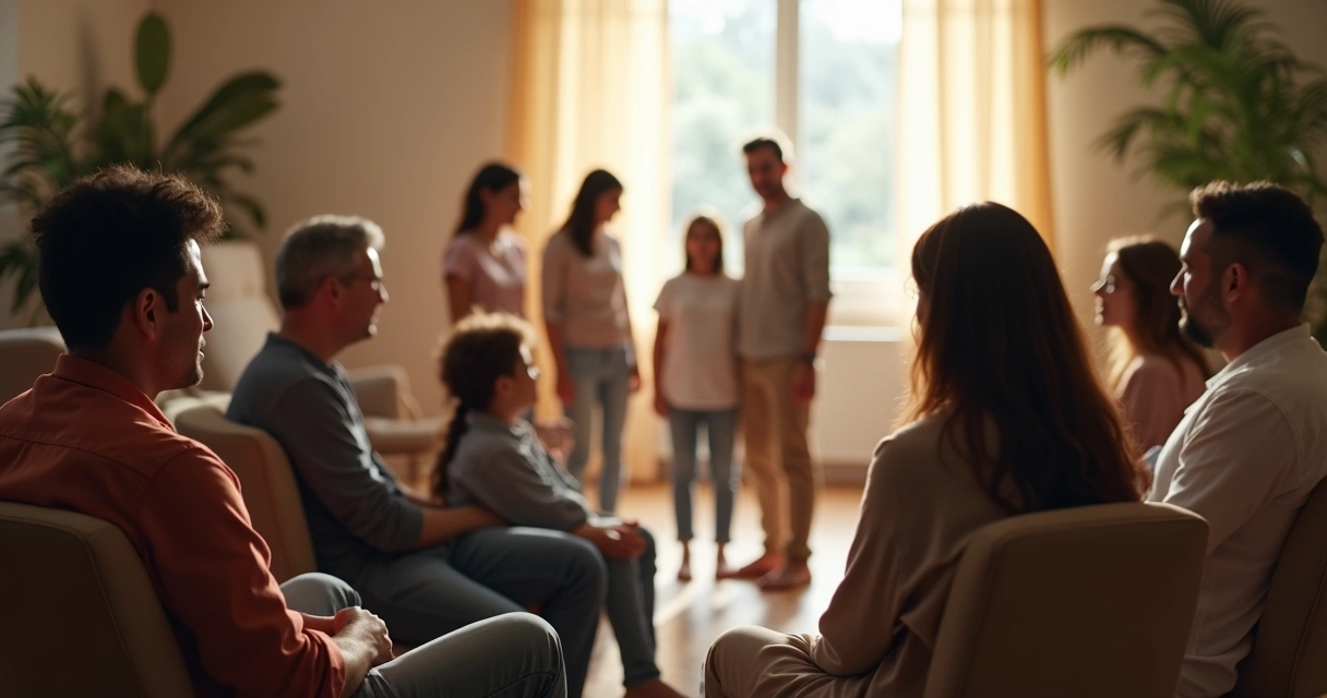 Facilitador e grupo reunidos em constelação sistêmica 