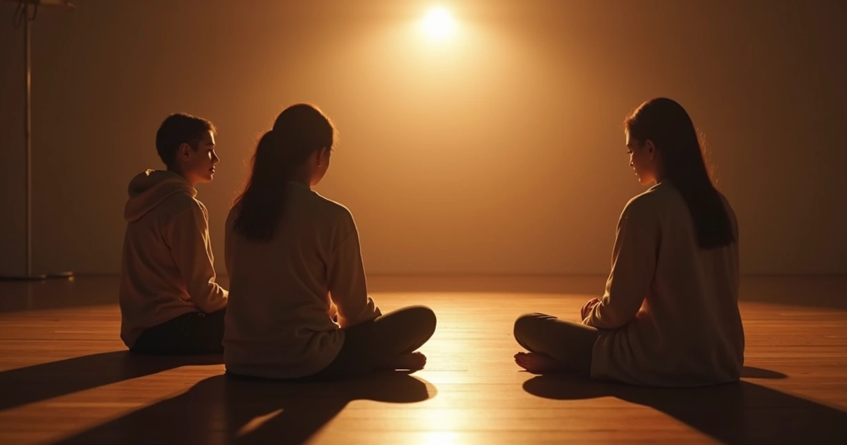 Três pessoas sentadas em círculo olhando para o centro iluminado no chão, representando reflexão coletiva